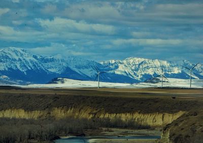 Scenic view of snow covered mountains