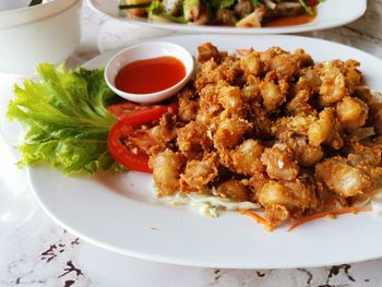 High angle view of food in plate on table