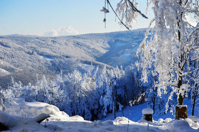 Scenic view of snow covered mountains against sky