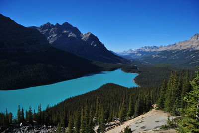 Scenic view of snowcapped mountains against clear blue sky
