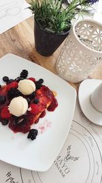 High angle view of breakfast served on table