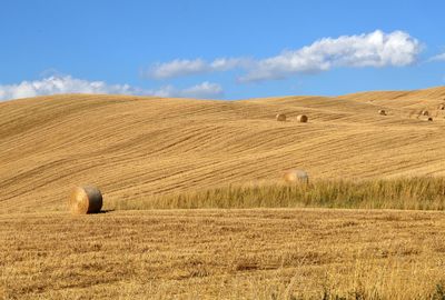Hay bales on field against sky