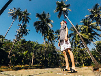 Man standing by palm trees against sky