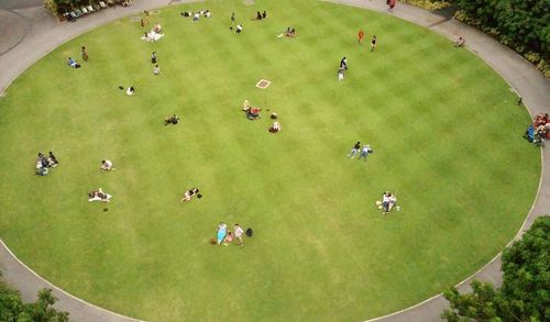 High angle view of people on grassy field