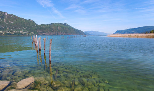 Scenic view of lake against blue sky