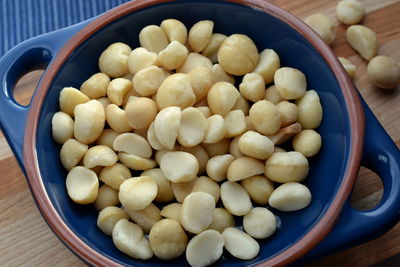 High angle view of chopped vegetables in bowl on table