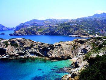 Scenic view of sea against clear blue sky