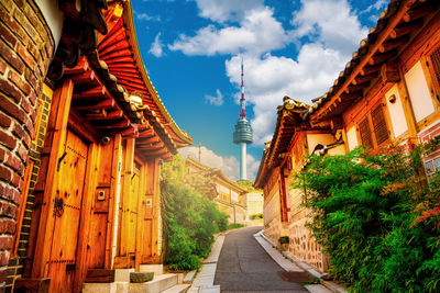 Panoramic view of temple amidst buildings against sky