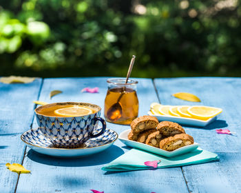 High angle view of breakfast served on table