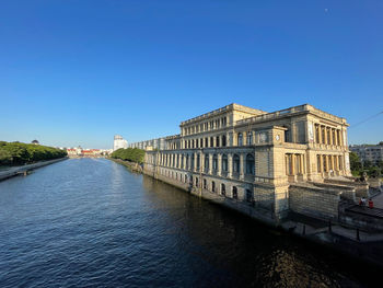 View of buildings by river against blue sky