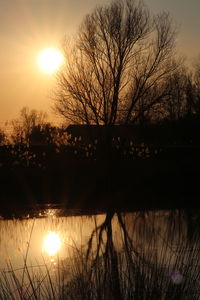 Silhouette bare trees by lake against sky during sunset