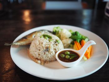 Close-up of meal served on table