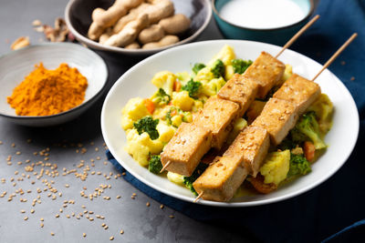 High angle view of food in plate on table