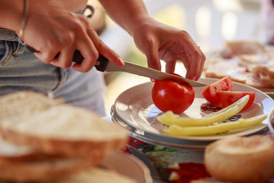 Midsection of person cutting tomato in kitchen