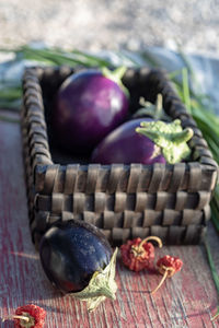 Close-up of fruits in basket on table