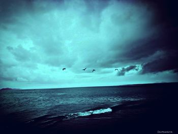 Birds flying over sea against sky