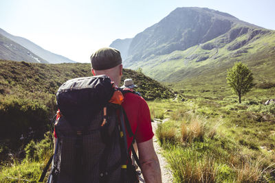 Rear view of man looking at mountains