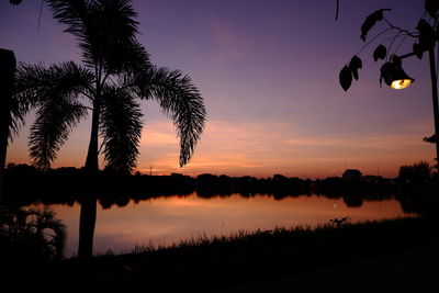 Silhouette trees by lake against sky during sunset