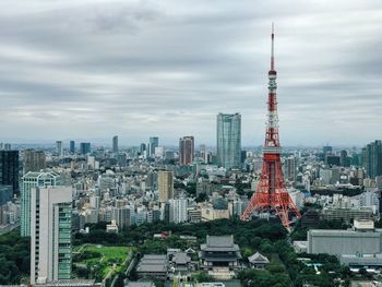 View of cityscape against cloudy sky