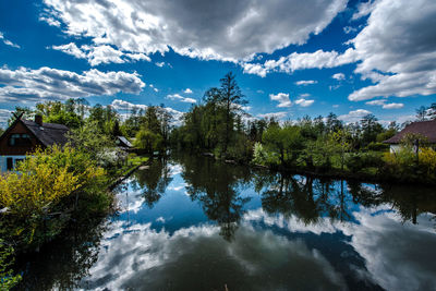 Scenic view of river amidst trees and buildings against sky