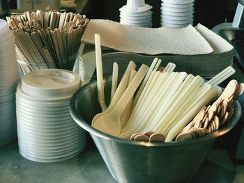 Close-up of stack of bowls on table