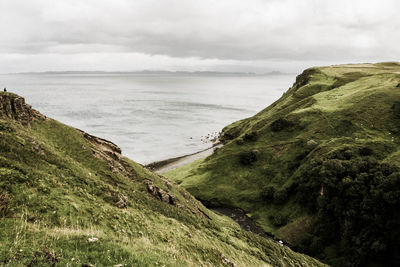 Scenic view of sea and mountains against sky