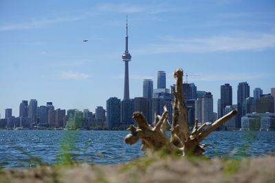 Lake ontario by cn tower and cityscape against sky