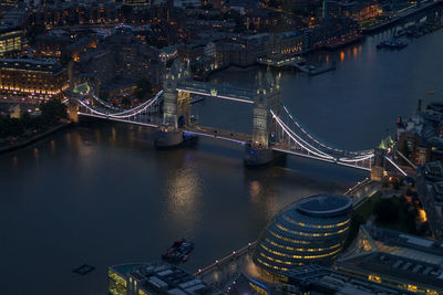 High angle view of illuminated tower bridge bridge at night