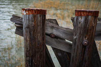 Close-up of old wooden fence on field