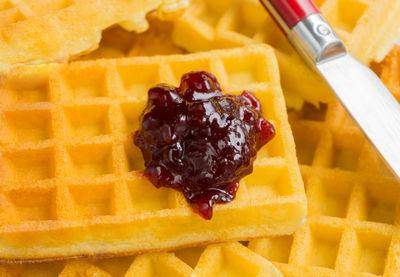 Close-up of waffles with jam