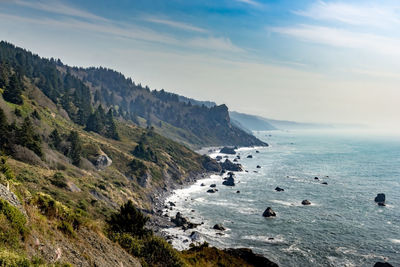 Scenic view of sea and mountains against sky