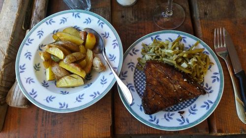 High angle view of food in plate on table