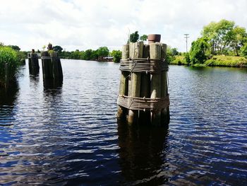 Reflection of trees in water against sky