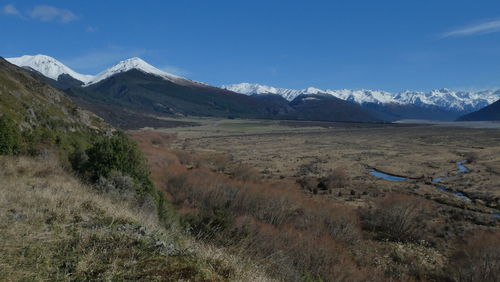 Scenic view of snowcapped mountains against sky