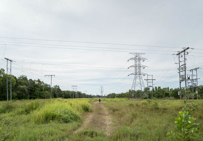 Electricity pylons on countryside landscape