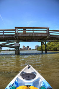 Bridge over river against clear blue sky