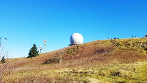 Panoramic view of landscape against clear blue sky