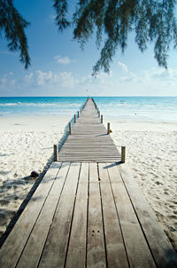 Wooden pier on beach against sky