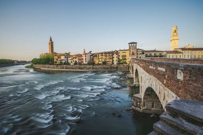 Bridge over river in city against clear sky