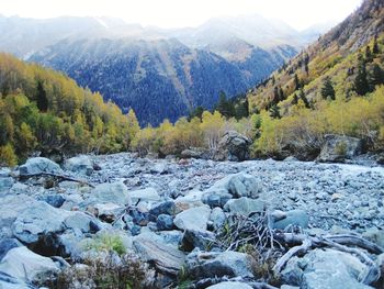 Scenic view of river by mountains against sky