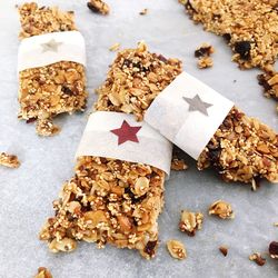 High angle view of protein bars on table