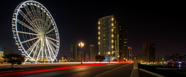 Light trails on road against sky at night