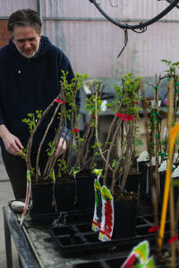 Portrait of man standing in greenhouse