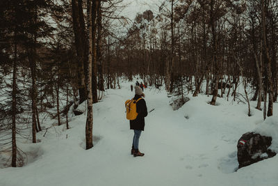 Rear view of man on snow covered landscape