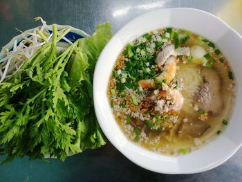 Directly above shot of soup in bowl on table