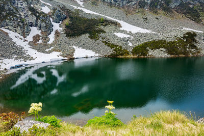 High angle view of lake by mountain