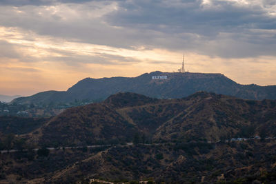 Scenic view of mountains against sky during sunset