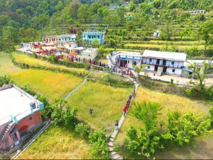 HIGH ANGLE VIEW OF HOUSES AND TREES AND PLANTS