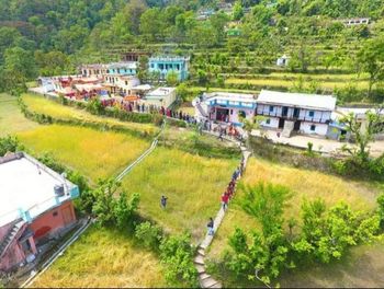 High angle view of houses by trees and plants