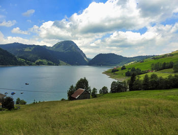 Scenic view of lake and mountains against sky